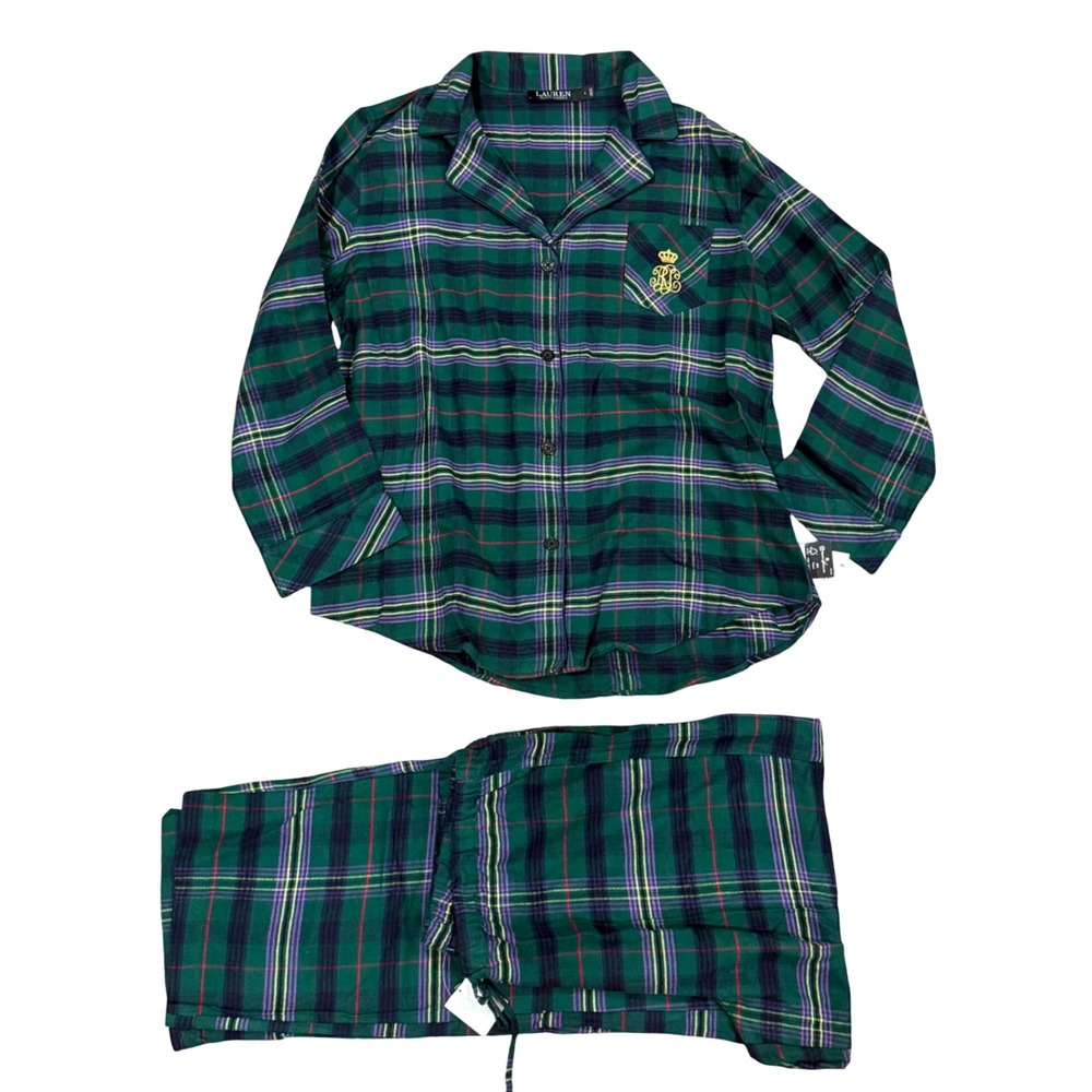 Lauren Ralph Lauren Womens Green Plaid Pajama Set Gold Crest Sleepwear Large